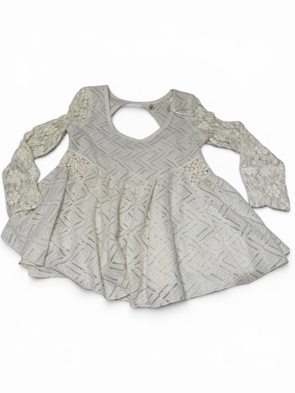 Free People Ivory Lace Babydoll Tunic Top Small Boho Bell Sleeve Crochet